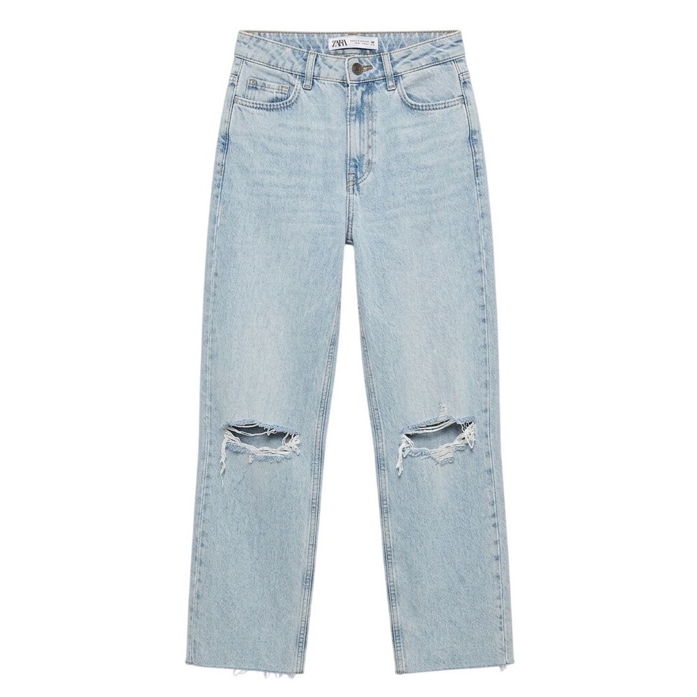 Zara Women Light Wash Distressed Straight Leg Jeans High Rise Raw Hem Size 2